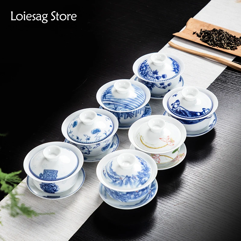 Loiesag 180ml Blue And White Porcelain Covered Bowl Sancai Tea Bowl High Temperature Kung Fu Gaiwan Tea Set Tieguanyin Tea Cup