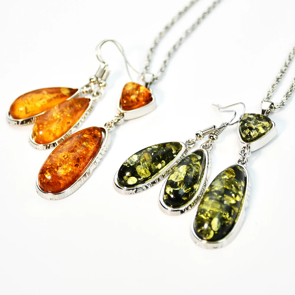 Vintage Accessories Imitation Amber Water Drop Necklace Earrings Geometric Sweater Chain Women\'s Fashion Classic Jewelry