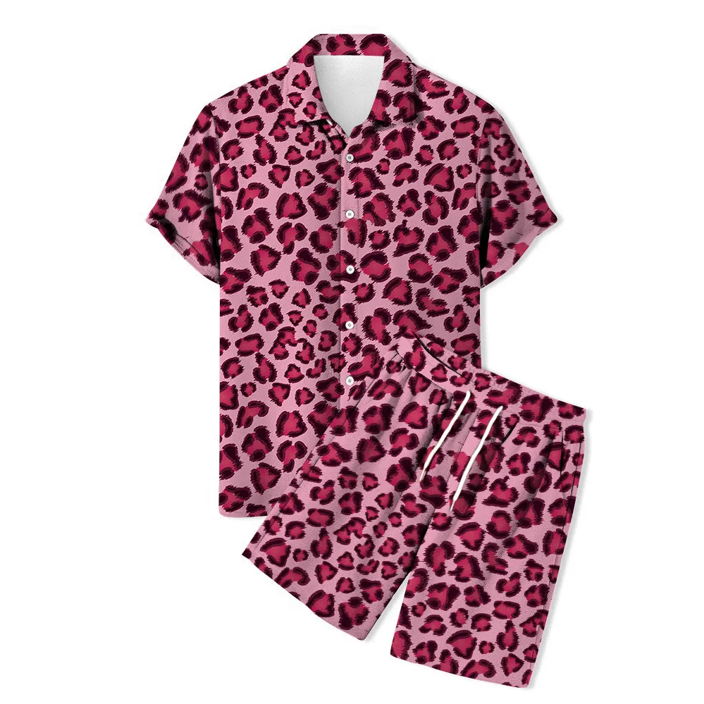 

Fashion 2Pcs set shirt men 3D Leopard print camouflage suit collar short sleeve Shirts+ short pants Hawaii beach style set