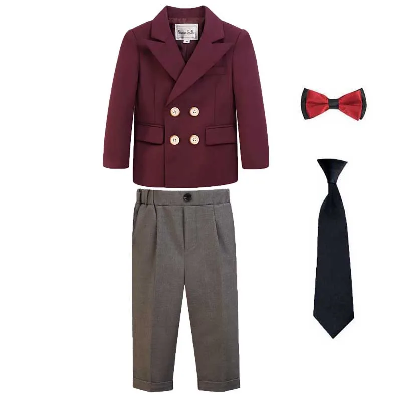 

Boys Formal Wedding Ceremony Costume Children Wine Red Jacket Pants Bowtie+Tie 4PS Photography Suit Kids Performance Party Dress