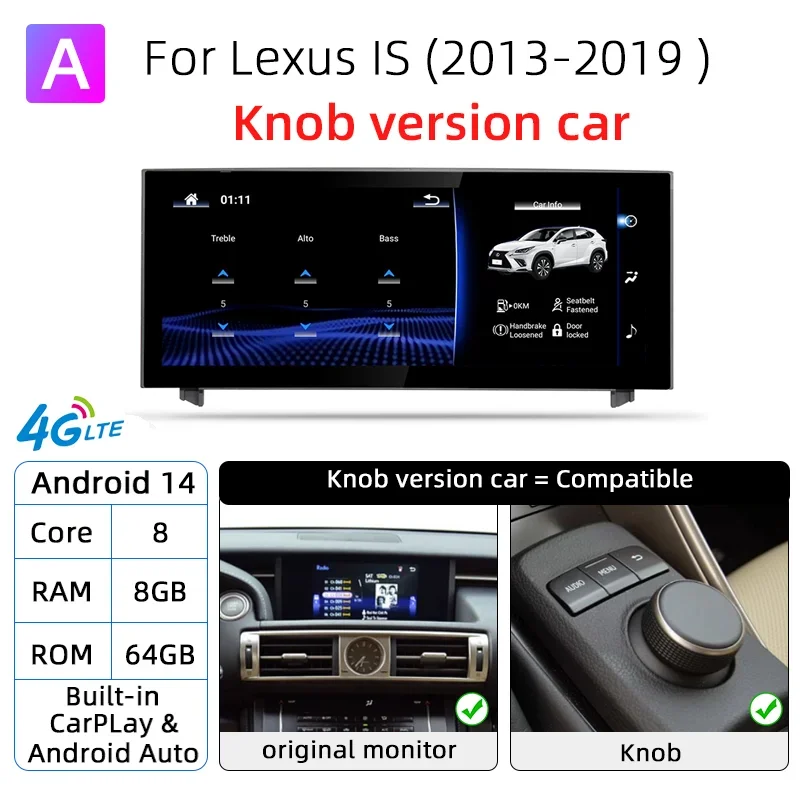 Android 14 Car Radio，Lexus IS RC 250 200 300 350 200t 300h 2013-2019 Wireless CarPlay Multimedia Video Player 4G GPS Navi