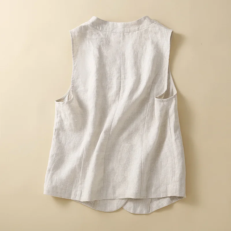 Chaleco Vintage de lino y algodón para mujer, chaleco holgado informal, prendas de vestir exteriores con una hilera de botones y cuello en V, chalecos sin mangas, chaquetas, Top de verano 2024