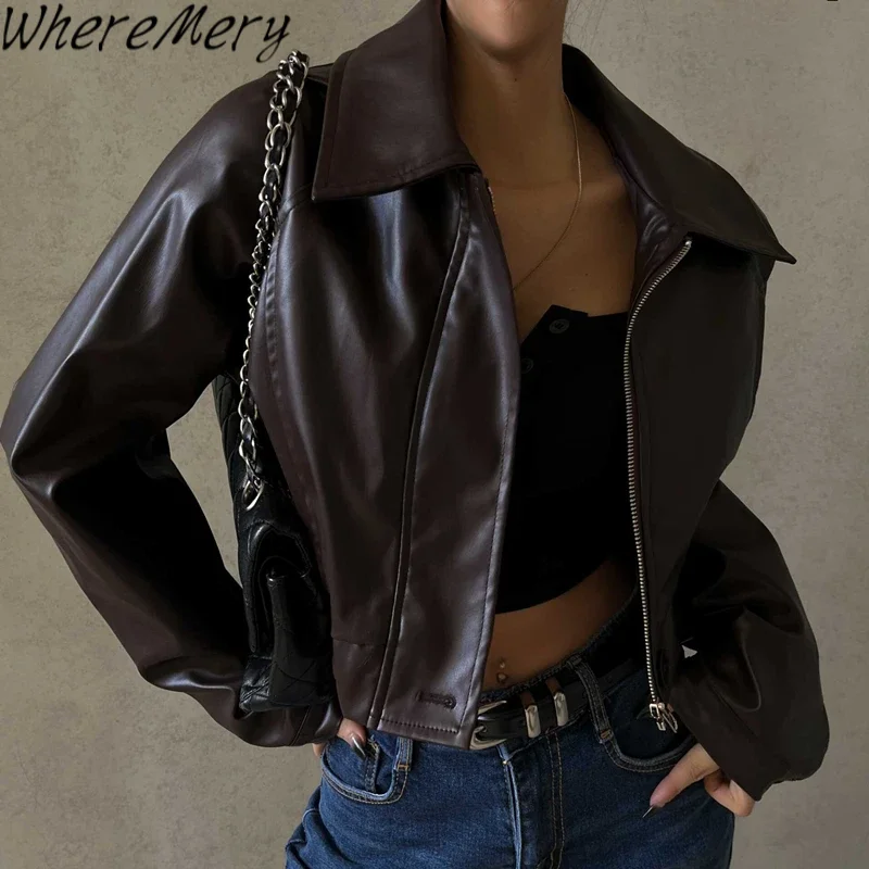 

WhereMery куртка из искусственной кожи, модная верхняя одежда, утепленные пальто из искусственной кожи с лацканами на молнии, винтажные осенне-зимние уличные женские топы, женские топы