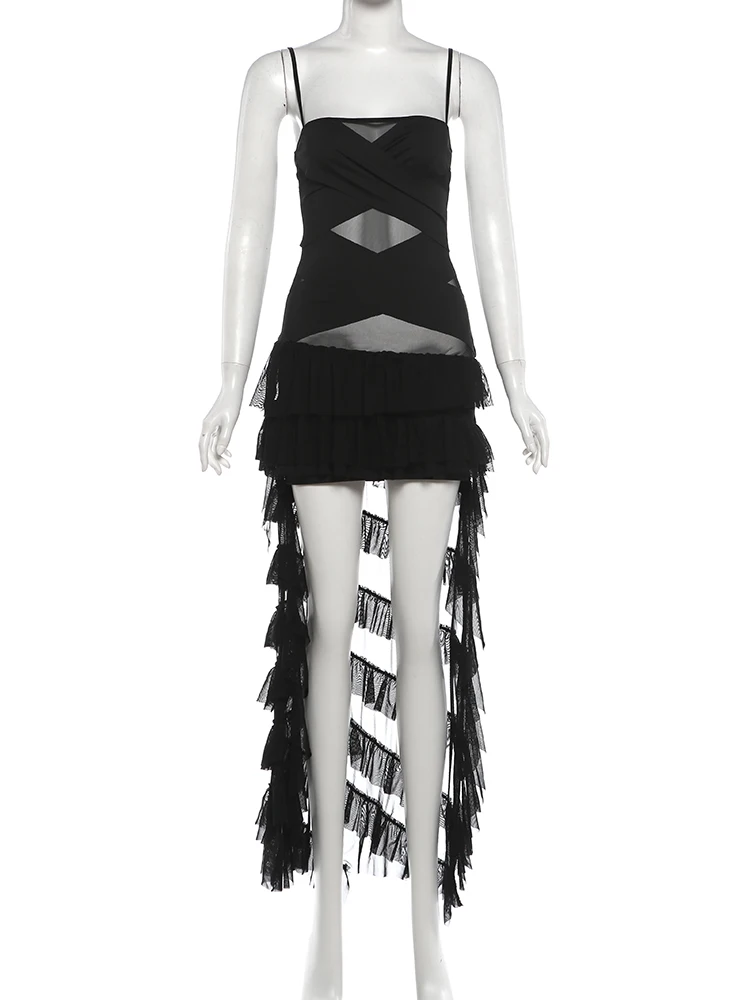 Weird Puss Tiered Kleid Damen Patchwork Mesh Unregelmäßiger Saum Ärmellos Figurbetont Sexy Midnight Hottie Mode Dinner Party Bodycon – Detail 3
