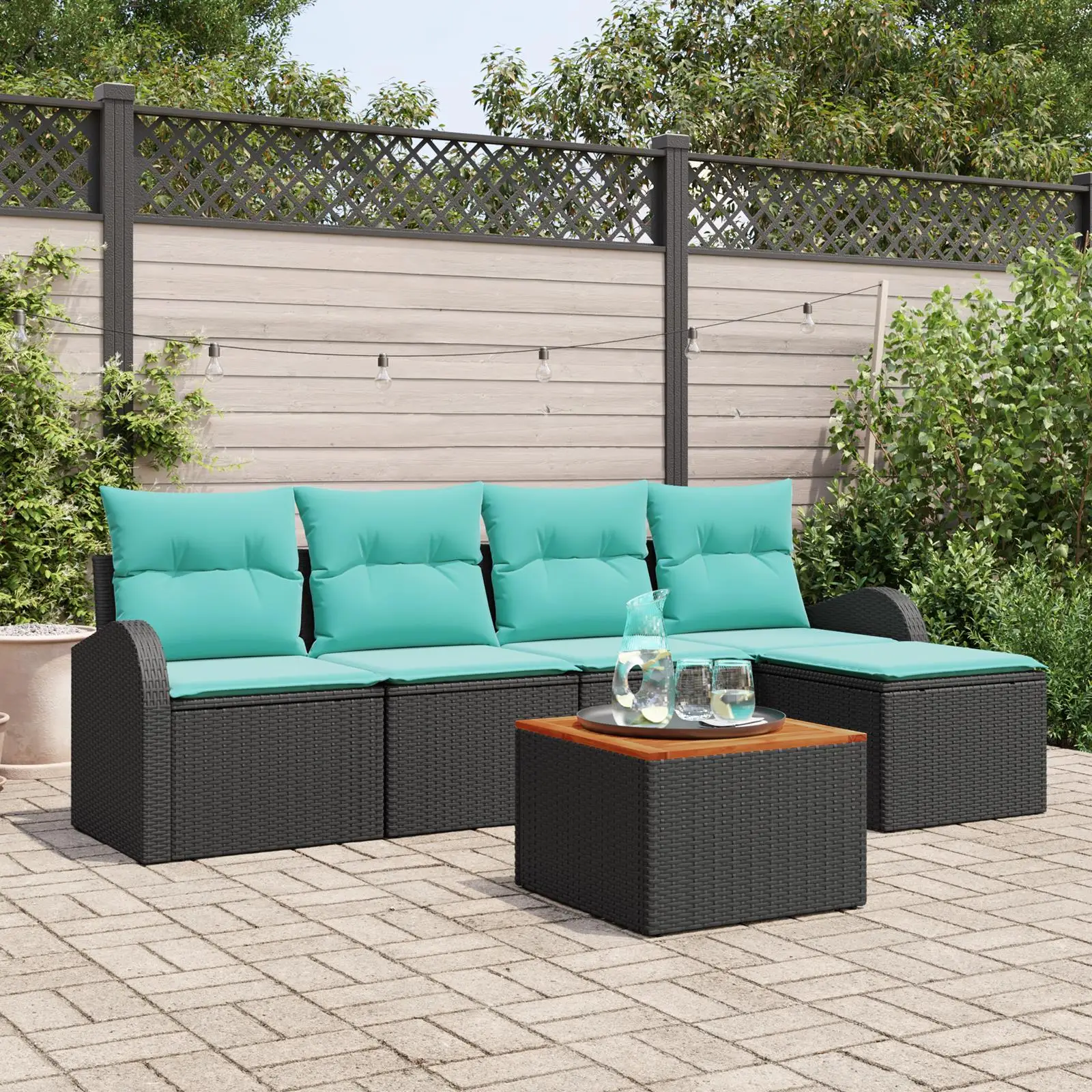 

6 Piece Outdoor Sofa Set with Cushions Black Rattan Wicker Acacia Furniture Garden Seating