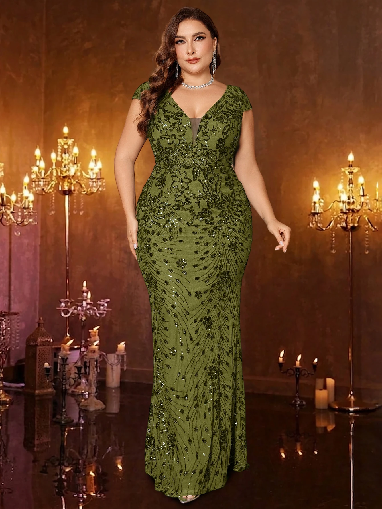 Plus Size Green Elegant V-neck Sequins Floor Length Evening Dresses Cap sleeve Bridesmaid Party Cocktail Gowns