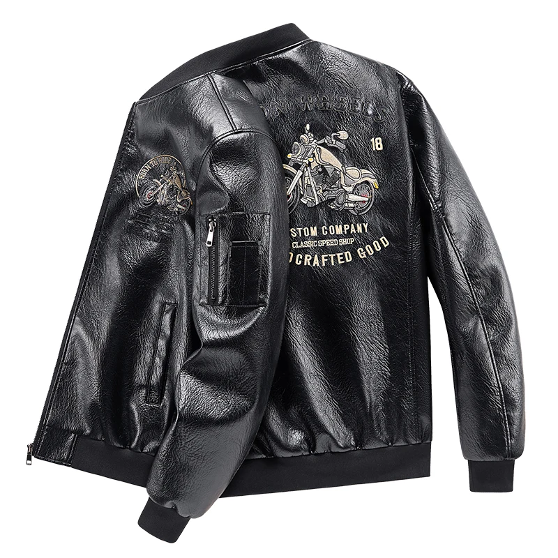Jaqueta de Couro Masculina com Bordado para Motociclistas, Casaco Americano de Outono para Motociclistas, Jaqueta Casual de Couro PU com Gola de Beisebol para Pilotos