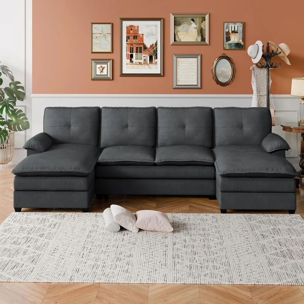 U-shaped living room sofa, 4-seater sectional sofa with double chaise longue, modern fabric sectional sofa bed