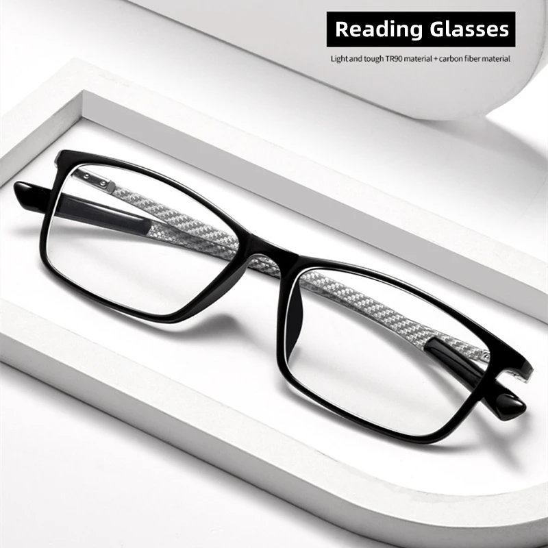 

New Fashion Brand Design Square Carbon Fibre Male Exquisite Eyeglass TR Frame Photochromic Anti Blue Light Men Reading Glasses