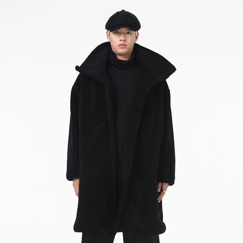 Men's Lamb Coat Autumn And Winter New Thickened Men's And Women's Same Style Medium Length Dark Loose Coat