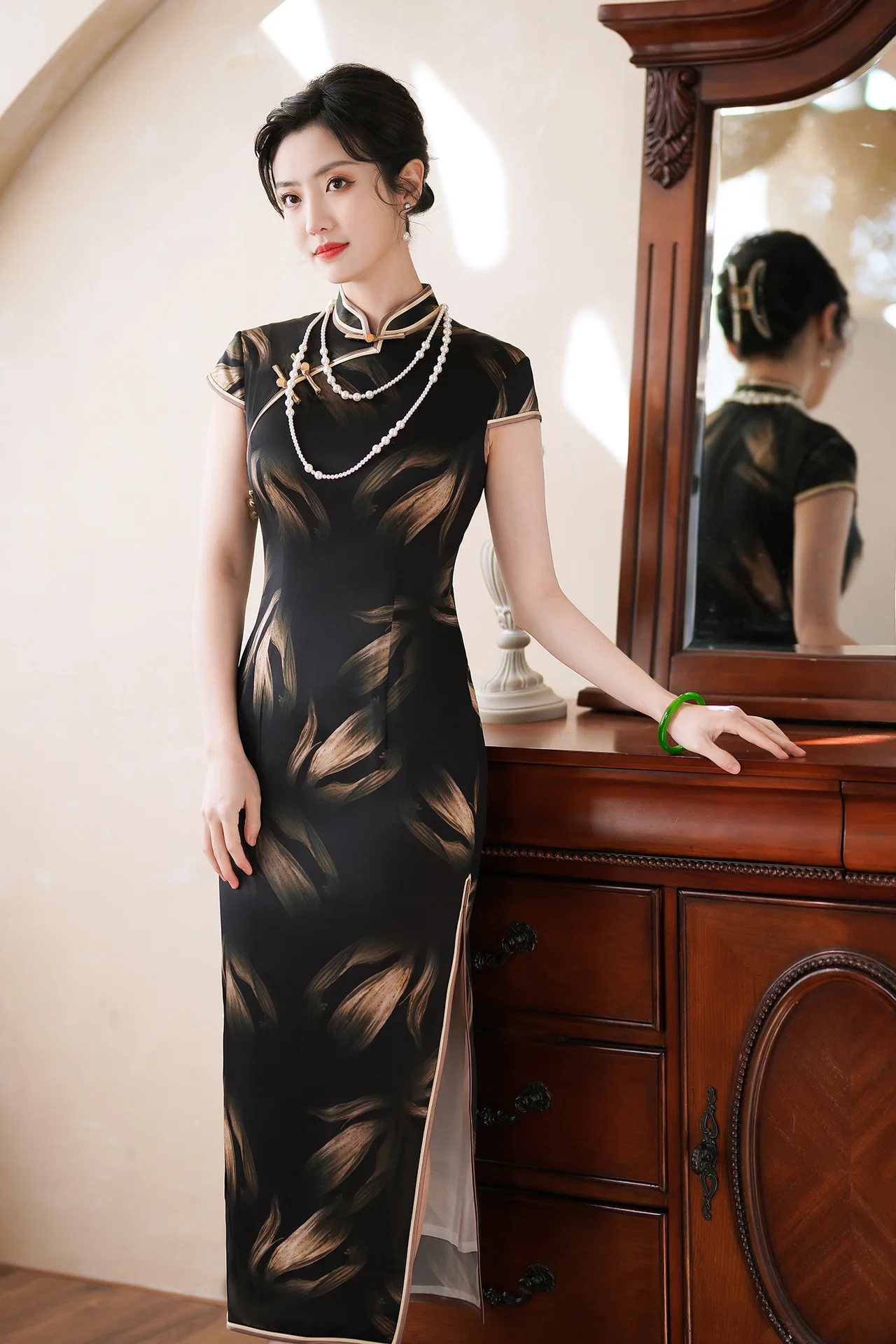 

High Quality Real Silk Qipao Cheongsam Top Skirt Lady Sheath Temperament Waist-Controlled Retro Slim Fit