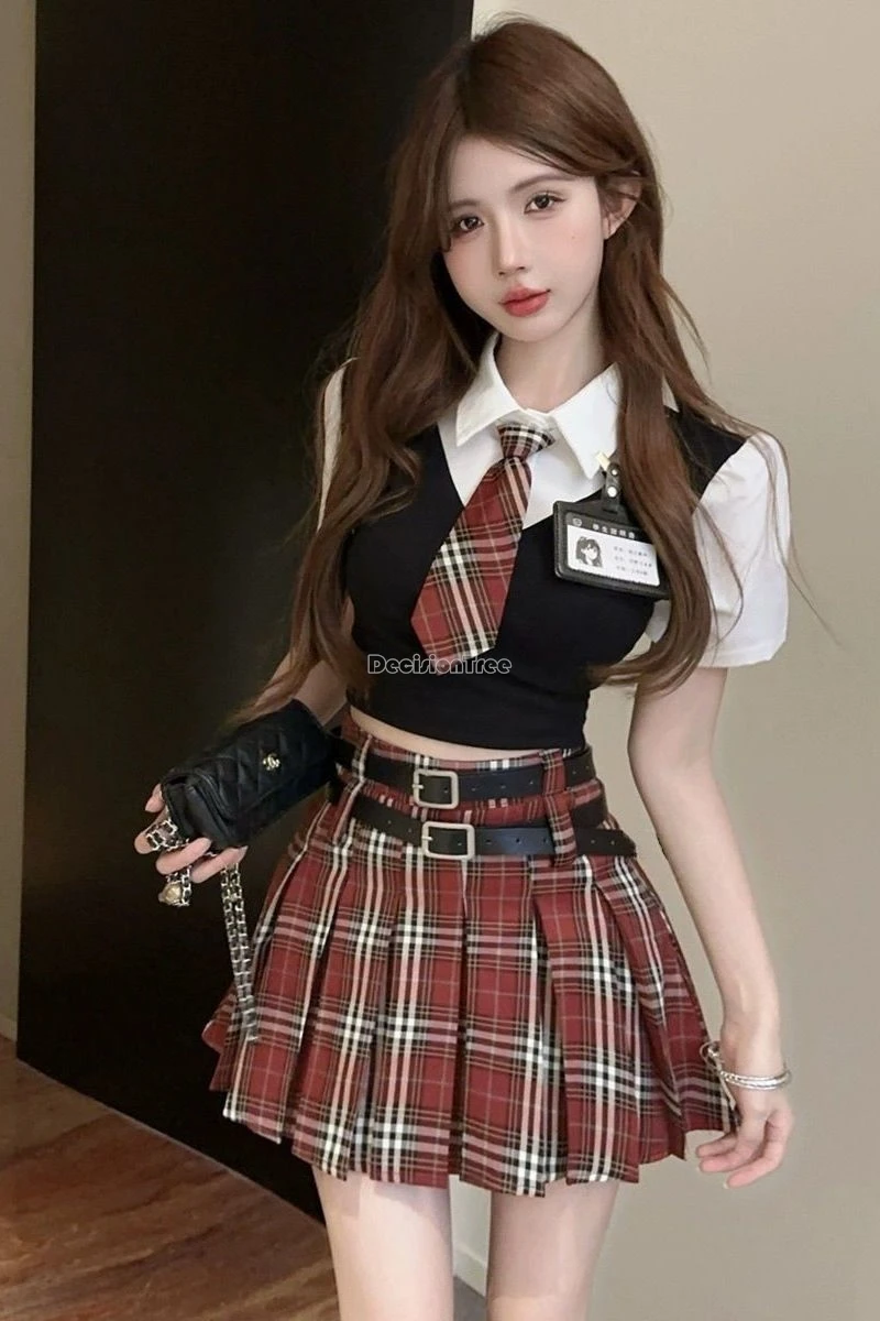 2025 الحلو موضة الكورية زي مدرسي نمط الصيف jk موحدة قصيرة الأكمام بلوزة نصف الاختيار تنورة 2 دعوى المرأة الصيف jk مجموعة