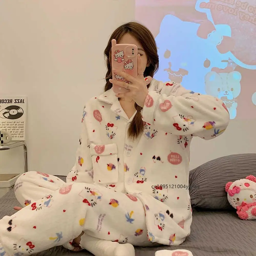 

2Pcs Sanrio Kawaii Hello Kitty New Pajamas Women's Warm Cartoon Coral Fleece Cute Sweet Fashion Casual Student Loungewear Set