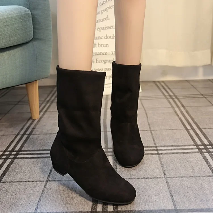 Autumn Winter Women Boots Mid-Calf  Boots Brand Fashion Female Stretch Cotton Fabric Slip-on Boots Flat Shoes Womanft5