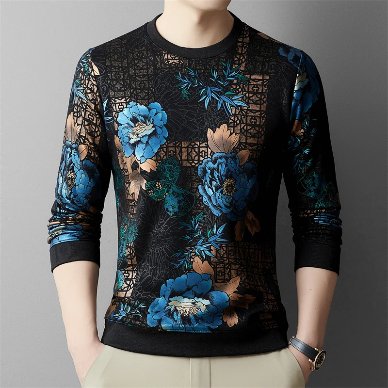 Blue Floral Print Velvet T Shirt For Men Long Sleeve Luxury Casual Winter Thick Quality Soft Comfortable 4XL Camisetas De Hombre