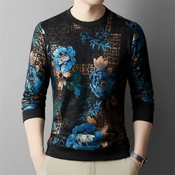 Blue Floral Print Velvet T Shirt For Men Long Sleeve Luxury Casual Winter Thick Quality Soft Comfortable 4XL Camisetas De Hombre