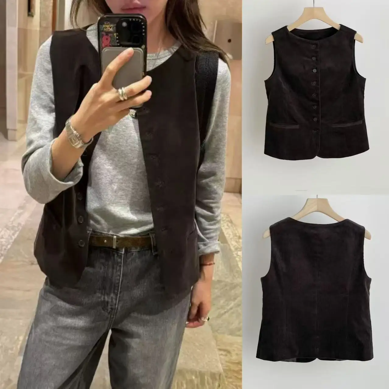 Retro Briti Sle Corduroy Layering Vest Casual Tank Top Women's Faion Commute Single Button round Ne Pure Color 2025 W...