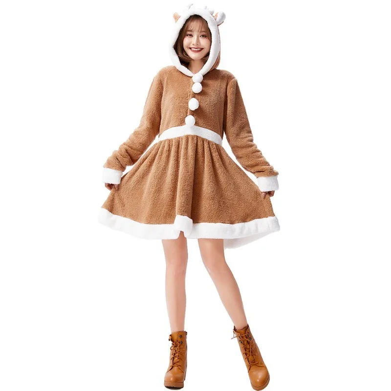 Costume de Cosplay d'élan mignon de noël, robe kaki avec autocollant d'élan, couvre-chef, chaussettes, Costume pour femmes, tenues de jeu de rôle de fête de noël