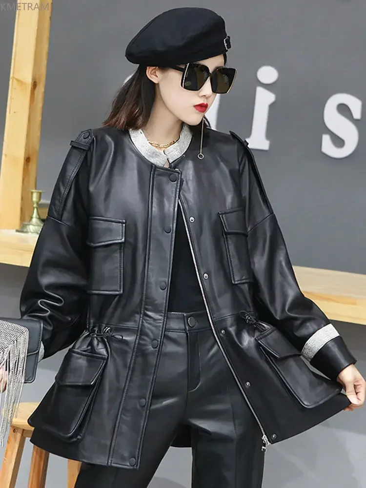 Genuine Sheepskin Leather Jacket Women Loose Leather Jackets for Women 2024 Real Leather Coat Mid-length Coats Korean Streetwear