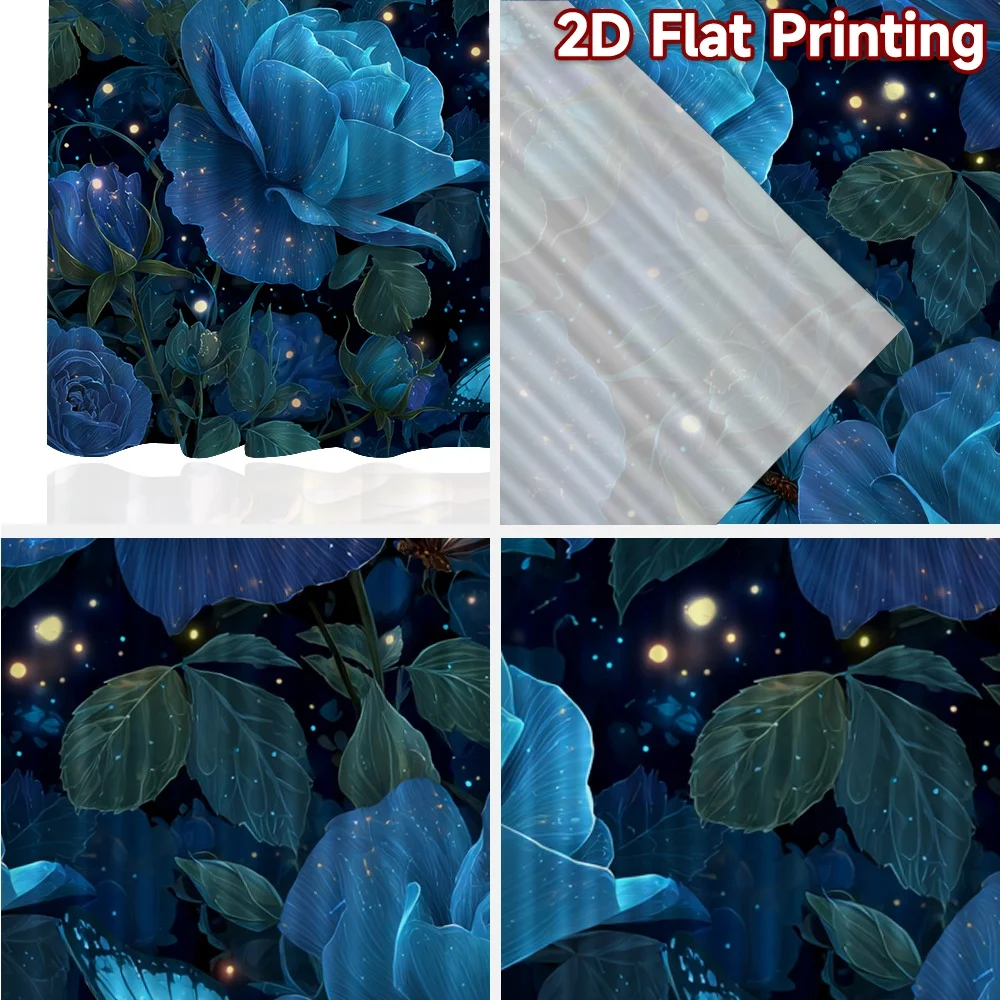 2D FLAT PRINTING 2pcs Curtains (Without Rod) Blue Roses and Butterflies Fashionable Modern Curtains Yarn Curtains Gifts Suitable