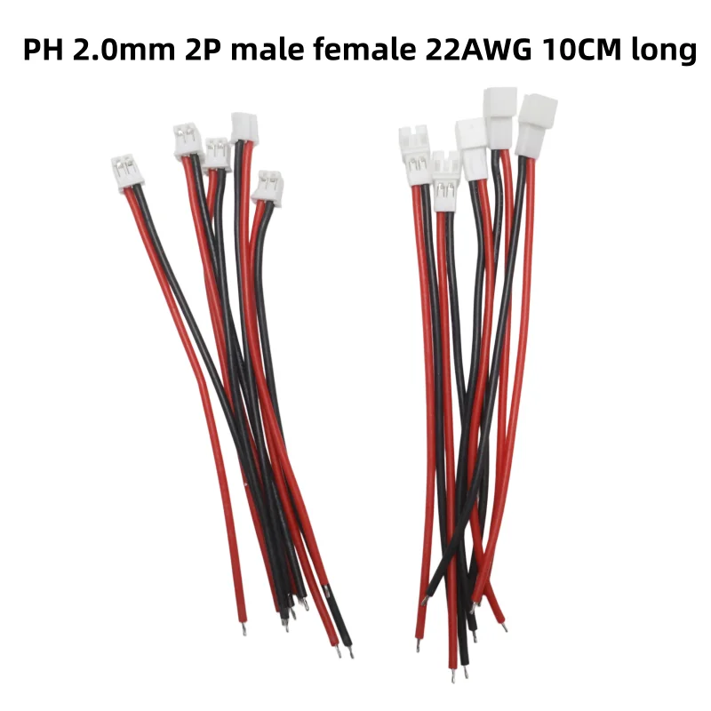 Cabo JST Macho/Fêmea de Cabeça Única PH 2.0mm 2P, Fio de Silicone 22AWG 100mm para Projetos DIY Arduino e Drones RC