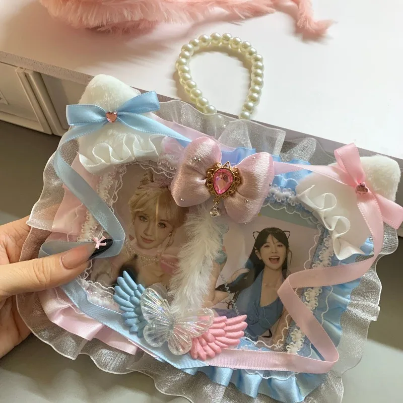 Sweet Cartoon Lace Plush Kpop Photocard Holder 2 Pocket Display Case for Anime Pins Cards Unique Ita Bag Accessory Kids Gift