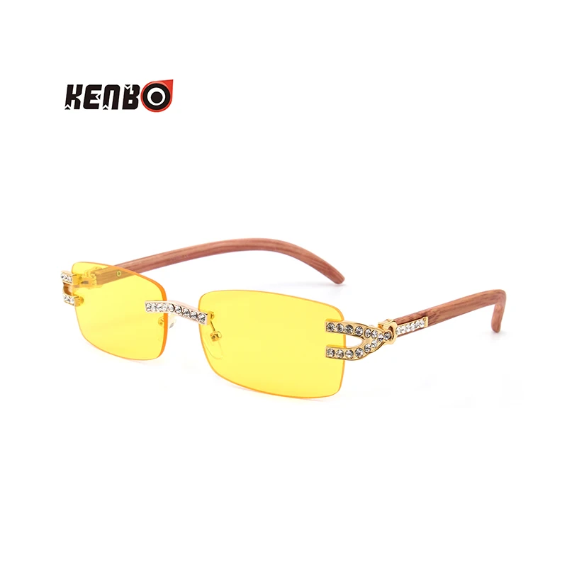 Kenbo Rhinestone drewniane okulary przeciwsłoneczne bezramkowe męskie drewniane kwadratowe okulary przeciwsłoneczne w stylu Retro z kamienia odcienie óculos okulary na klub lato