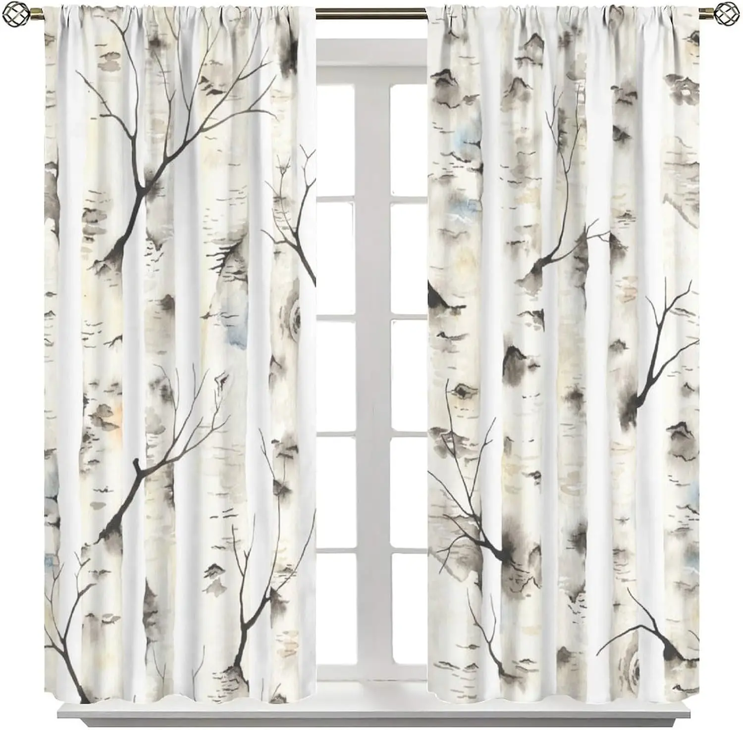 Boho Woodland Abstract Birch Tree Print Curtains Window Drapes Neutral Farmhouse Living Room Decor