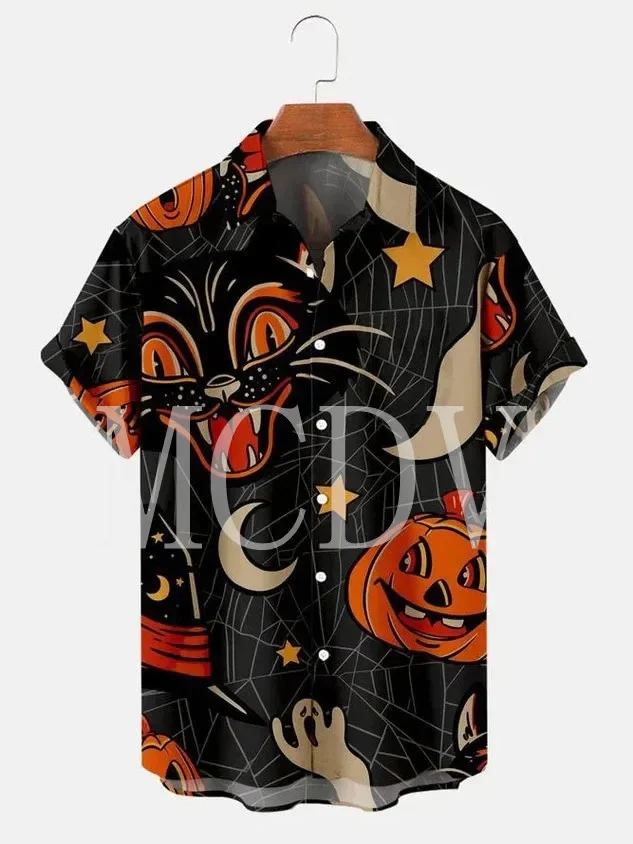 

Men's For Women's Halloween Pumpkin Cat Print Casual Breathable Short Sleeve Shirt