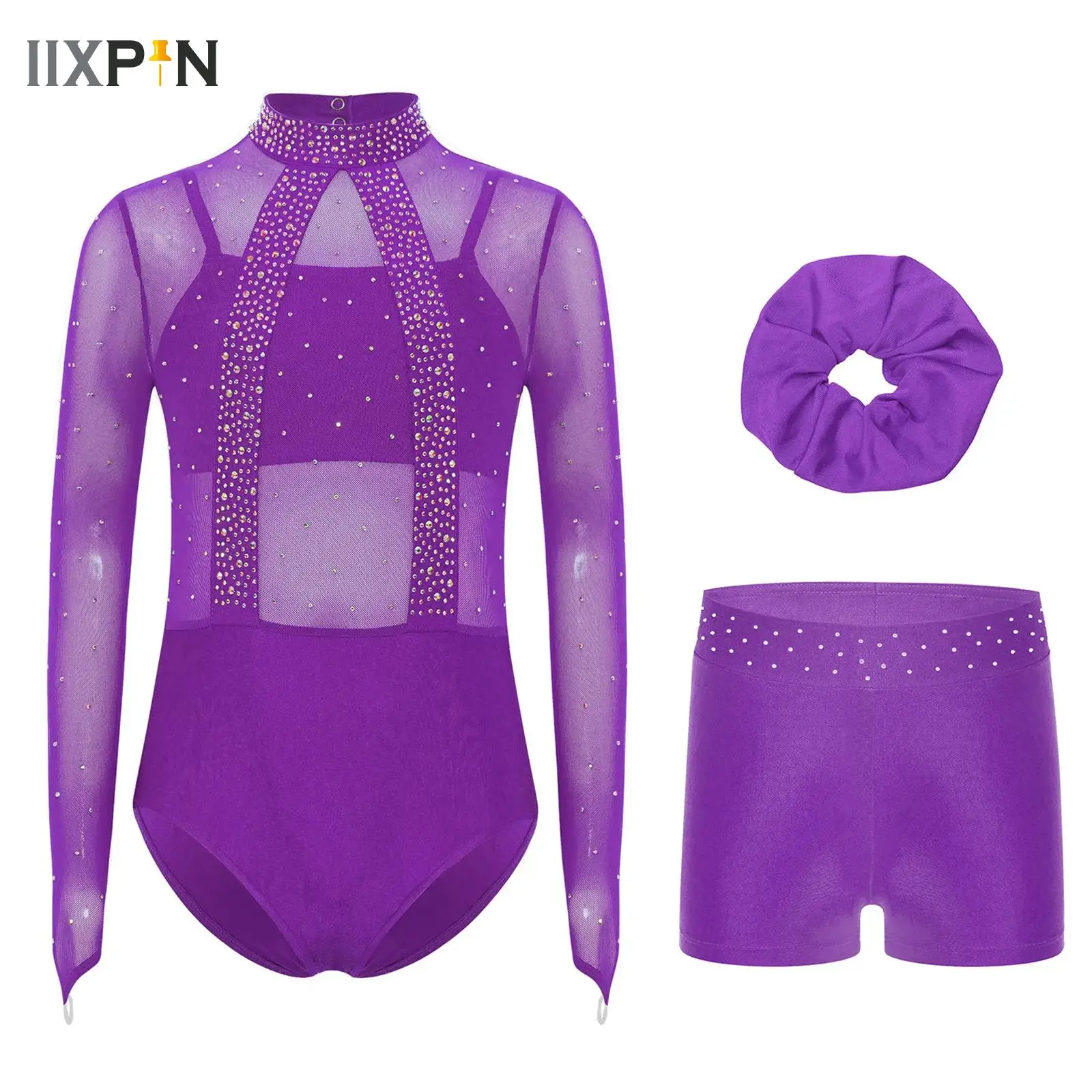 

Kids Girls Ballet Gymnastics Leotard Ballet Dance Ballerina Performance Costume Rhinestone Bodysuit with Shorts Shorts Dancewear
