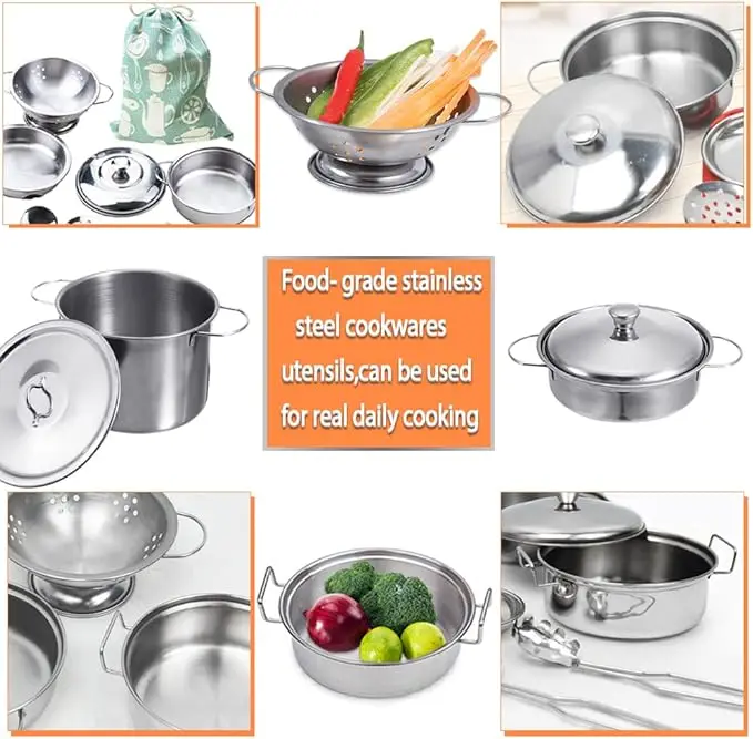 Accesorios de juego de simulación de cocina, juguetes con utensilios de cocina de acero inoxidable, utensilios de cocina y utensilios de cocina, herramienta de aprendizaje G