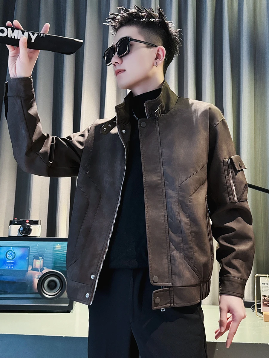 

Casual ort Leather Jaet Men's Spring Autumn Sli Brand Stand Collar Workwear American Sle Zipper PU Leather Polyeste...