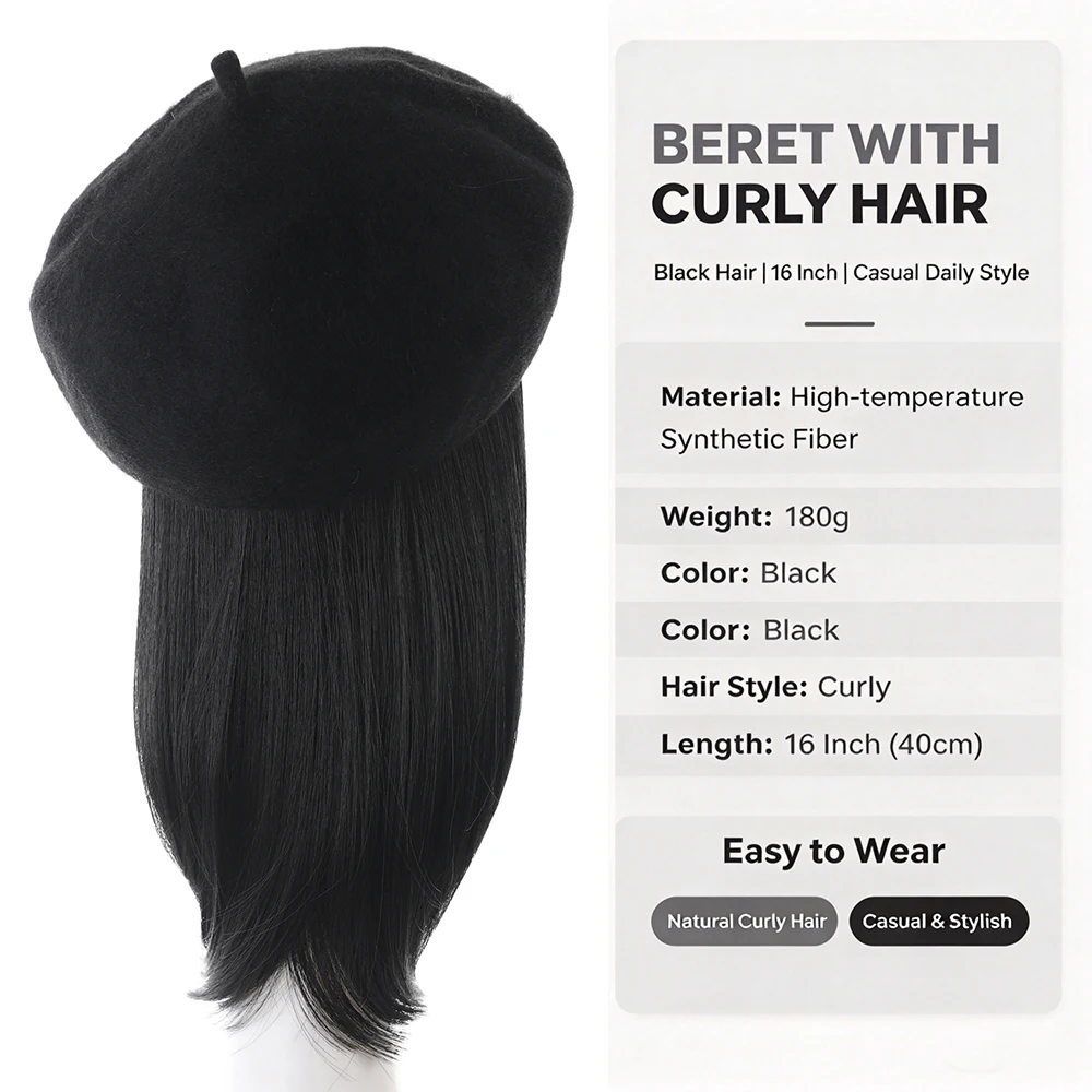 Hat Wigs Beret Wig women's Autumn and Winter Fashion Beret Straight Hair Wig Korean Hat Wig integrated Short Straight Hair