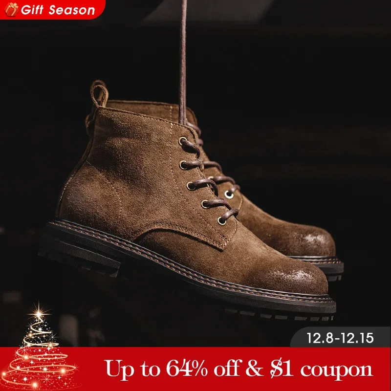 Maden Men Fleece Winter Boots Vintage Work Ankle Boots Fashion Lace-Up Casual Handmade Quality Casual Leather Shoes British Styl