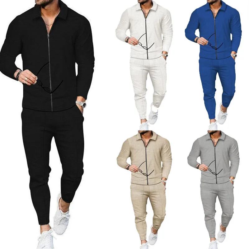 

Autumn New Leisure Sports High Street Men Waffle Leisure Suit Long Sleeve Trousers Two-Piece Men's Sports Leisure Suit