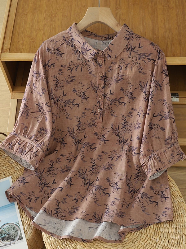 Faionable Cotton Linen irt Women's plus Size Slimming Print Artistic Retro Summer irt Trendy Button up Top Casual Wear