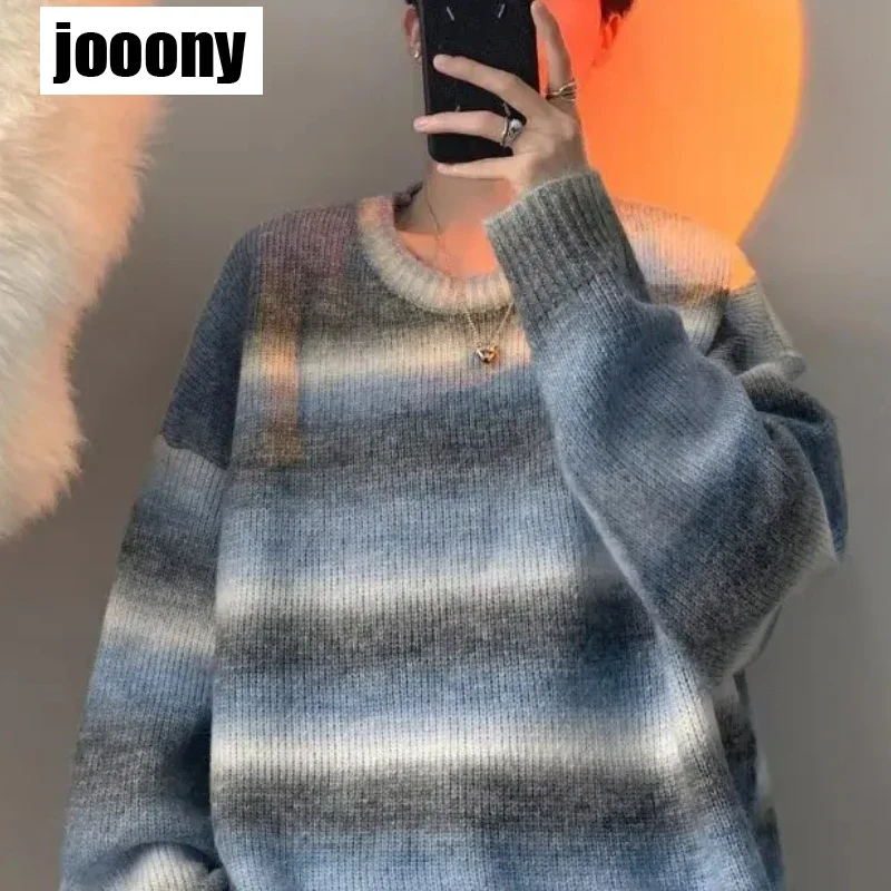 

Men's Knitted Light Fashion Pullovers Sweater Casual Printed Vintage Patchwork Loose O-Neck Long Sleeve Tops 2024 Autumn Winter