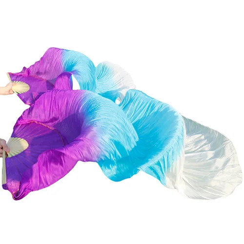 Imagen 2 del producto Abanico de danza del vientre 100% velos de seda auténtica 1 pieza mano izquierda + 1 pieza mano derecha bambú hecho a mano color teñido práctica de rendimiento abanicos de baile