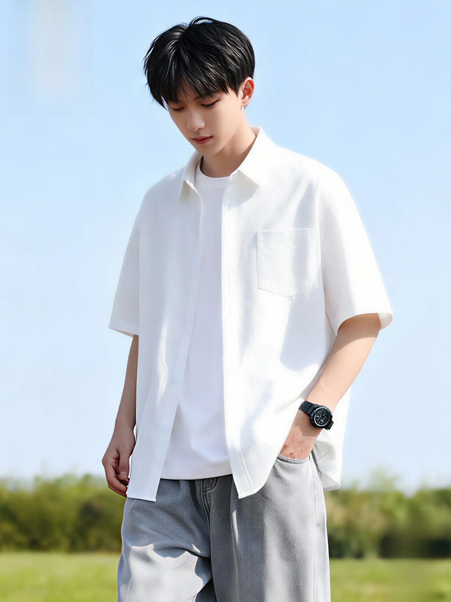 

Cool Brand White Ice Silk Men's ort Sve irt Summer Cool Sensation Loose Fit Polyester Fiber Casual irt