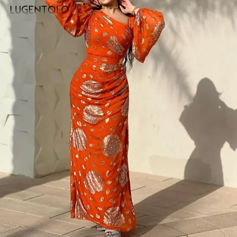 Women Sequins Sexy Dress Chiffon Long Sleeve Dance Orange Party Lady Slim Empire Elegant Spring Summer Maxi Dresses