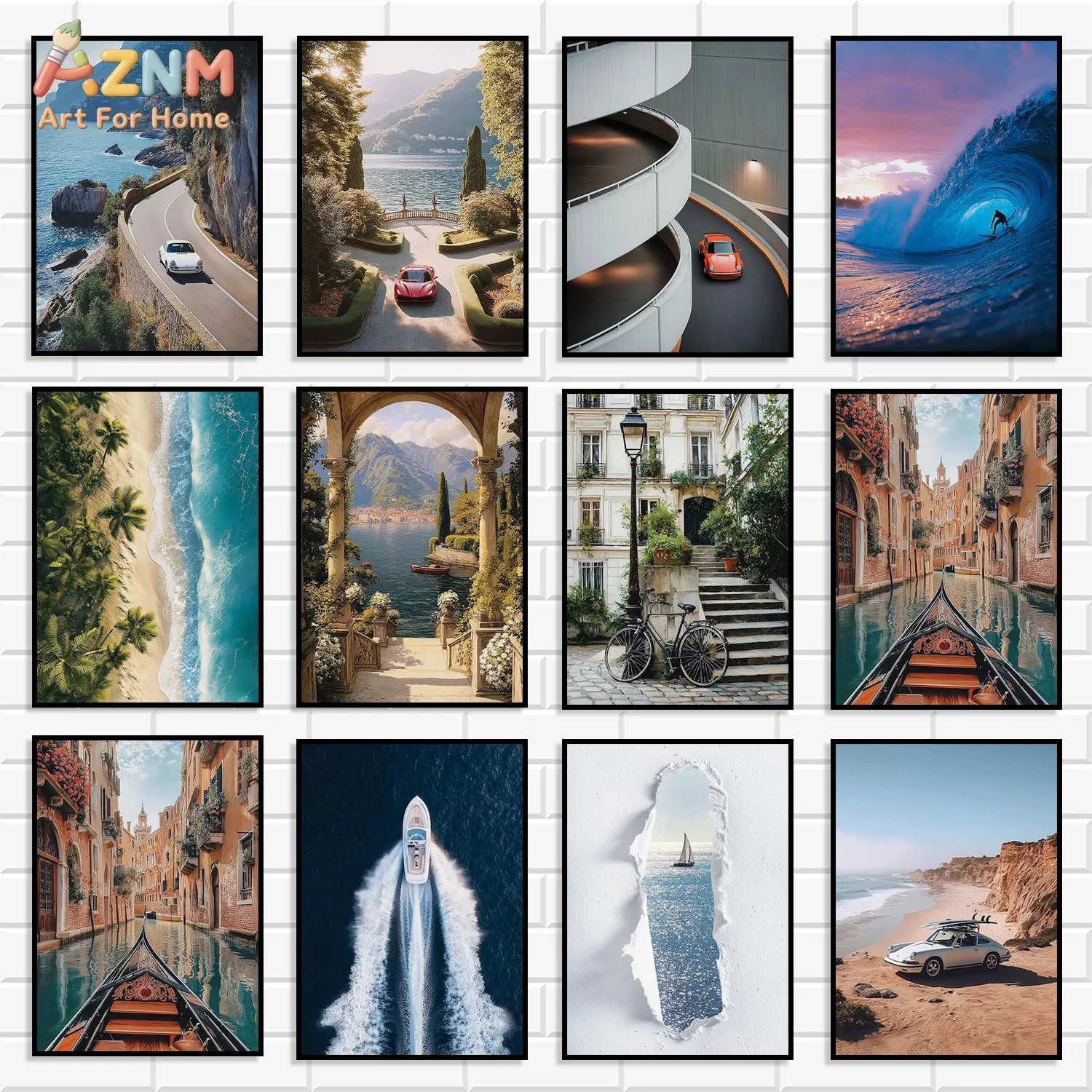 AZNM European Travel Scenery Canvas Print Coast Road Vintage Car Venice Canal Ocean Wave Beach Mountain Lake Nature Unframed Wal