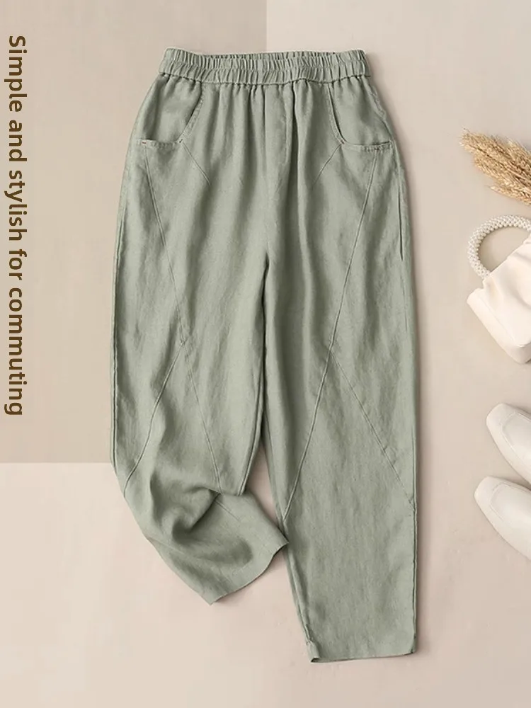 Slim Fit Cotton Linen Harem Pants Women's Thin Breathable Nine Points Carrot Pants Comfortable l Waist Casual Trousers