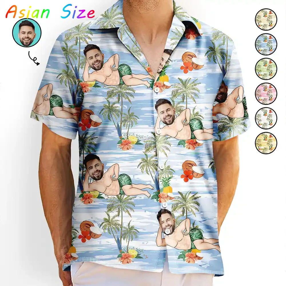 

Мужские тропические рубашки с коротким рукавом и отложным воротником, с 3D-печатью, персонализированные, с забавным изображением лица и мускулистого тела, с принтом пальм, 2026