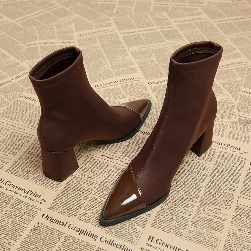 Brown Women Ankle High Heels  Pointed Toe Shoes Goth Designer Pumps Winter 2025 New Shoes Women Motorcycle Boots