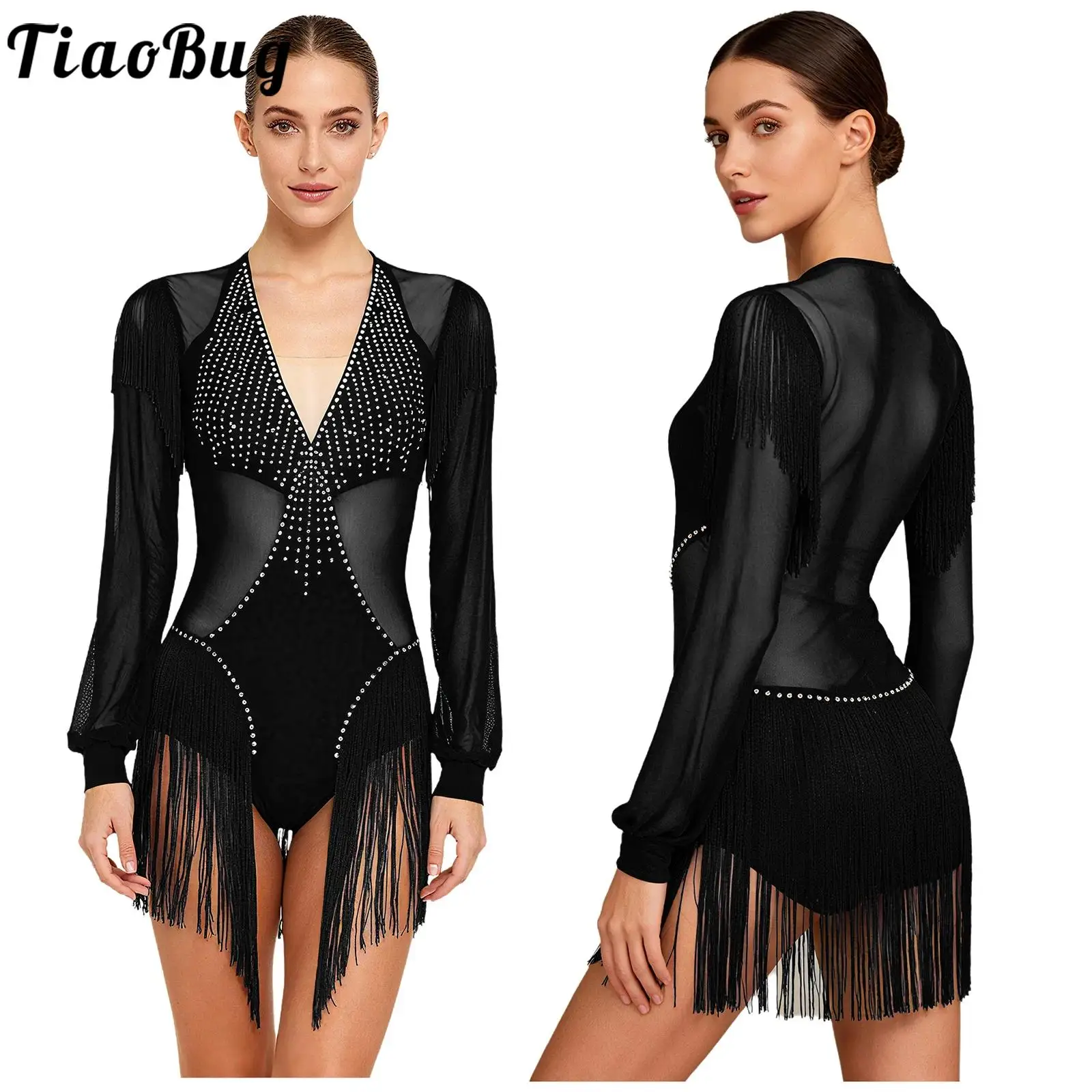 

Women Latin Tango Leotard Bodysuit Long Sleeve Sheer Mesh Patchwork Rhinestones Jazz Jumpsuit for Figure Skating Rumba Dancewear