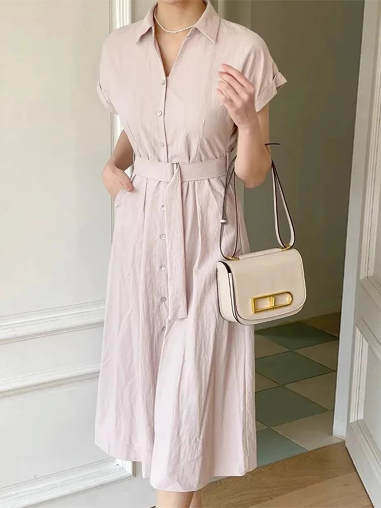 Temperament V-neck Single-breasted Belt Dresses 2024 Summer Korean Chic Niche Robe Waist Slim Short-sleeved Shirt Dress Female