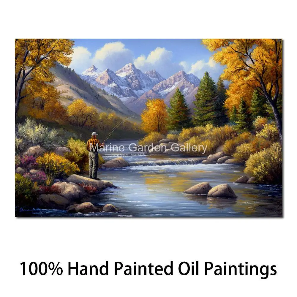 

Hand Painted Landscape Painting Canvas Art Natural Wall Picture Fly Fishing Colorful Artwork Modern Living Room Home Decor Large