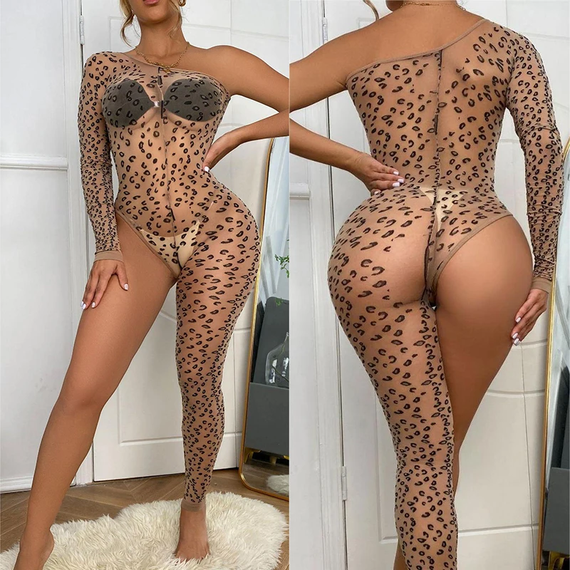 new lingeries sexy​ femme Skin tone printed leopard print single sleeved leg jumpsuit sexy erotic Jumpsuits for women Babydoll