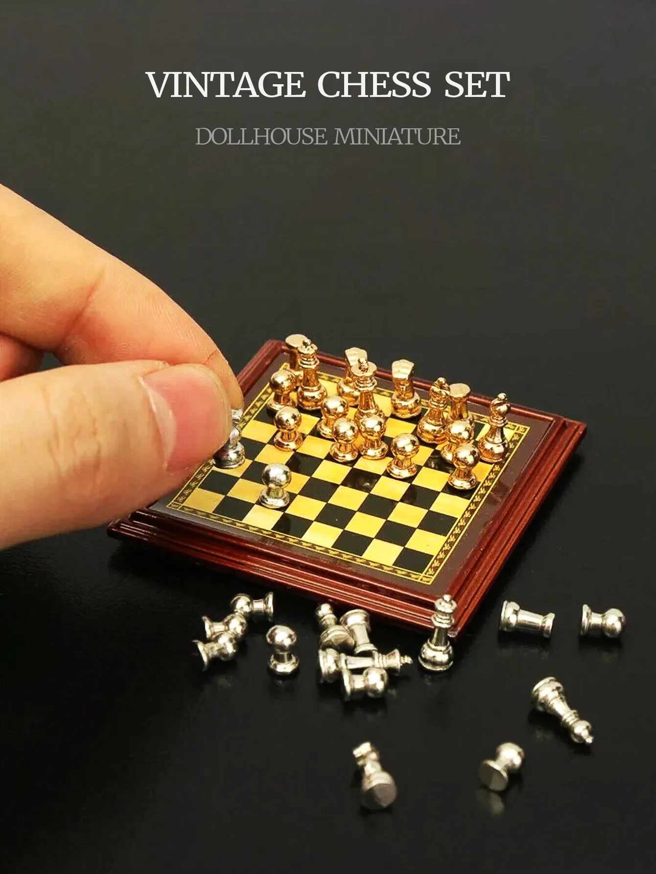 1 Conjunto de Xadrez em Miniatura para Casa de Bonecas, de Metal Não Magnético, Escala 1:6 1:12, Miniatura de Simulação, Ornamento Decorativo para Sala de Estar e Estudo