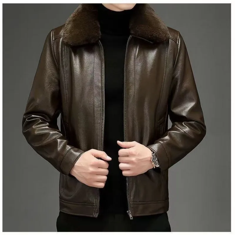 Winter Leather Jacket Fleece Warm PU Leather Coat Men's Long Sleeve Zipper Windproof Outerwear Luxury Motorcycle Jacket Black